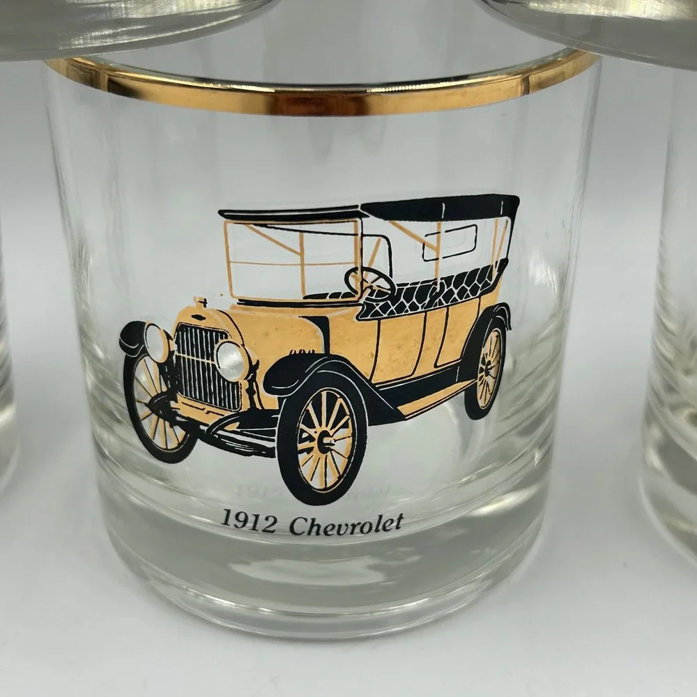 Whiskey Glasses Gold Clear Vintage Classic Cars Set 6 Good